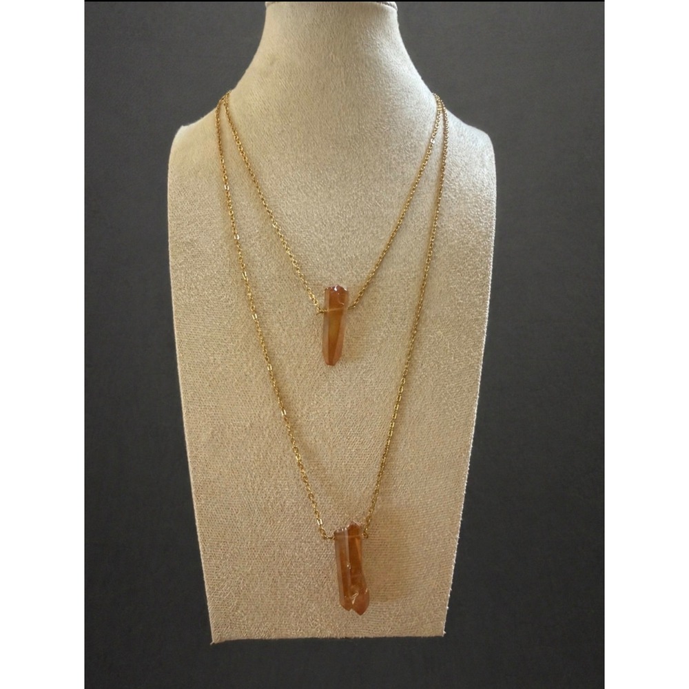 Boho Layered Crystal Necklace Gold Amber Pendant Double Strand Tiered Jewelry